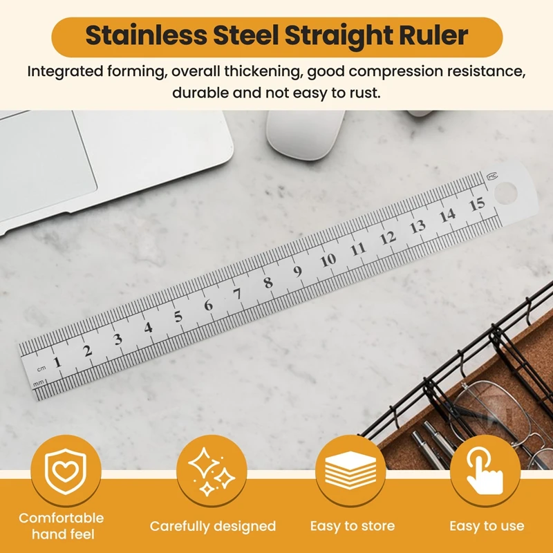 5 قطع مزدوجة الجانب مميزة 15 سم 6 بوصة مسطرة مستقيمة من الفولاذ المقاوم للصدأ