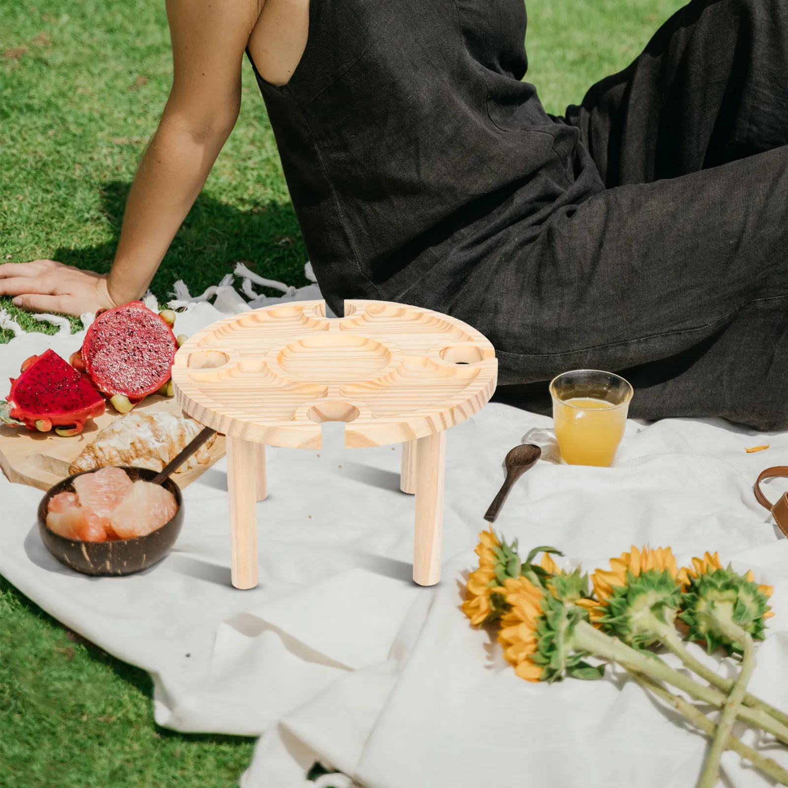 Wooden Portable Picnic Table with Wine Glass & Bottle Holder – Compact Outdoor Folding Table for Wine Tasting