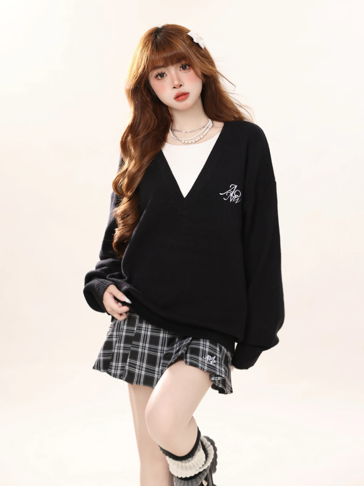 

ENJOG Retro Loose V-Ne Knitted Sweater Women's New Sle Autumn Season Versatile Couple Outerwear Polyester Blend Polyester