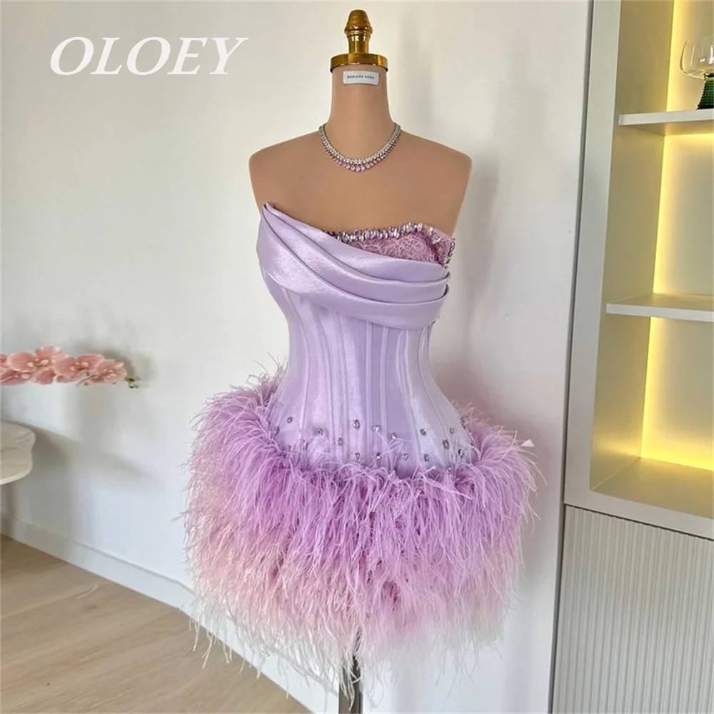 

OLOEY Luxury Lavender Crystals Feather Short Prom Cocktail Dresses Strapless Mini Women Formal Party Gowns Customized Lace-up