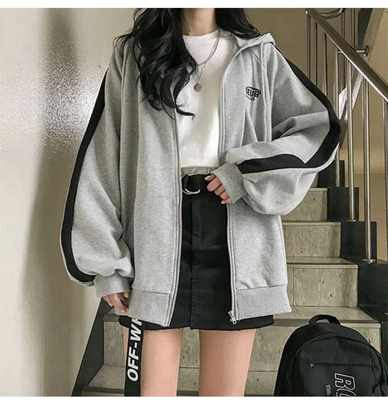 2024 Autumn Warm Gray Zip Up Cardigan Oversized Women Velvet Hoodies Sweatshirts Harajuku Korean Long Sleeve Pocket Jackets Coat