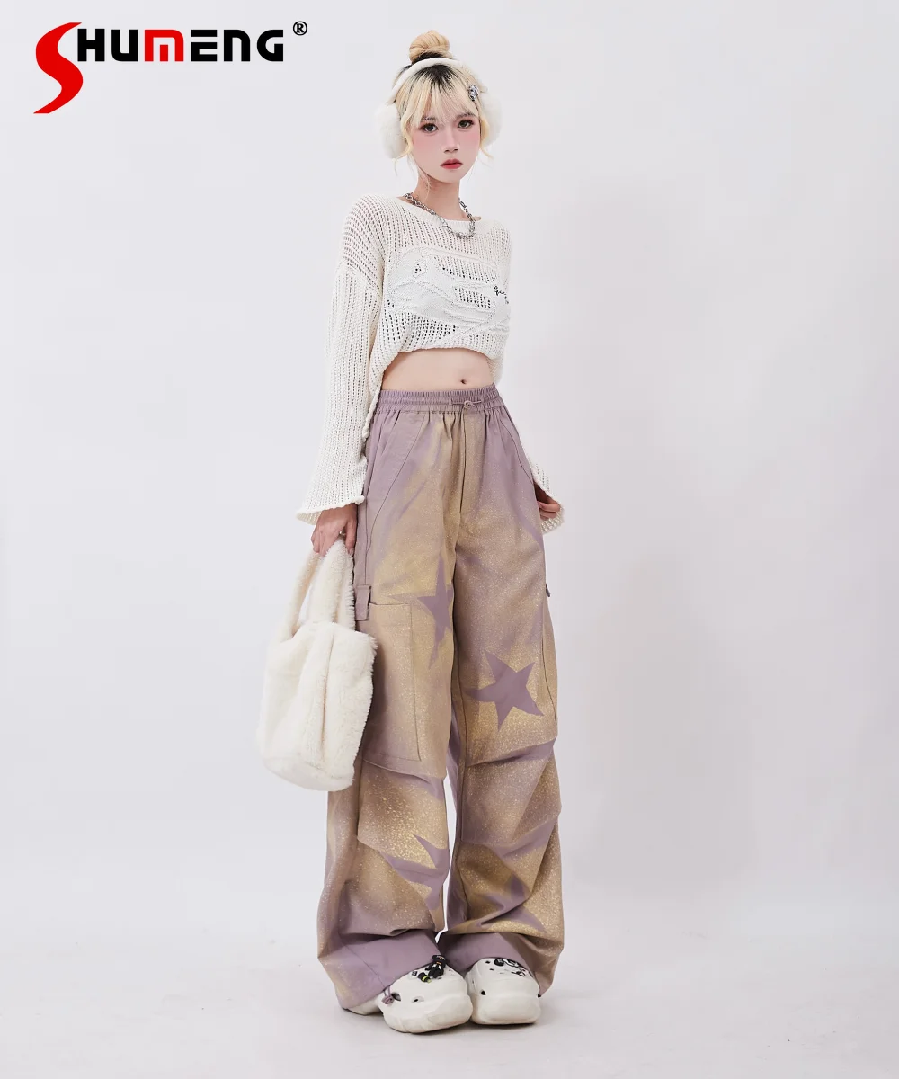 

College Girl Y2k Fashion Cargo Pants Women Autumn American High Street XINGX Inkjet Design Wide-Leg Pants Student Loose Trousers