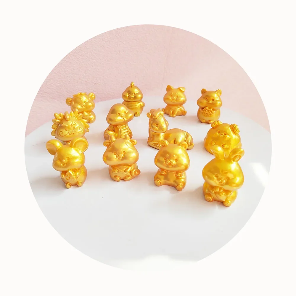 100Pcs Twelve Zodiac Golden Miniature Doll Resin Ornaments Animal Figurines Chinese Mini Desktop Statues Crafts Office Charm