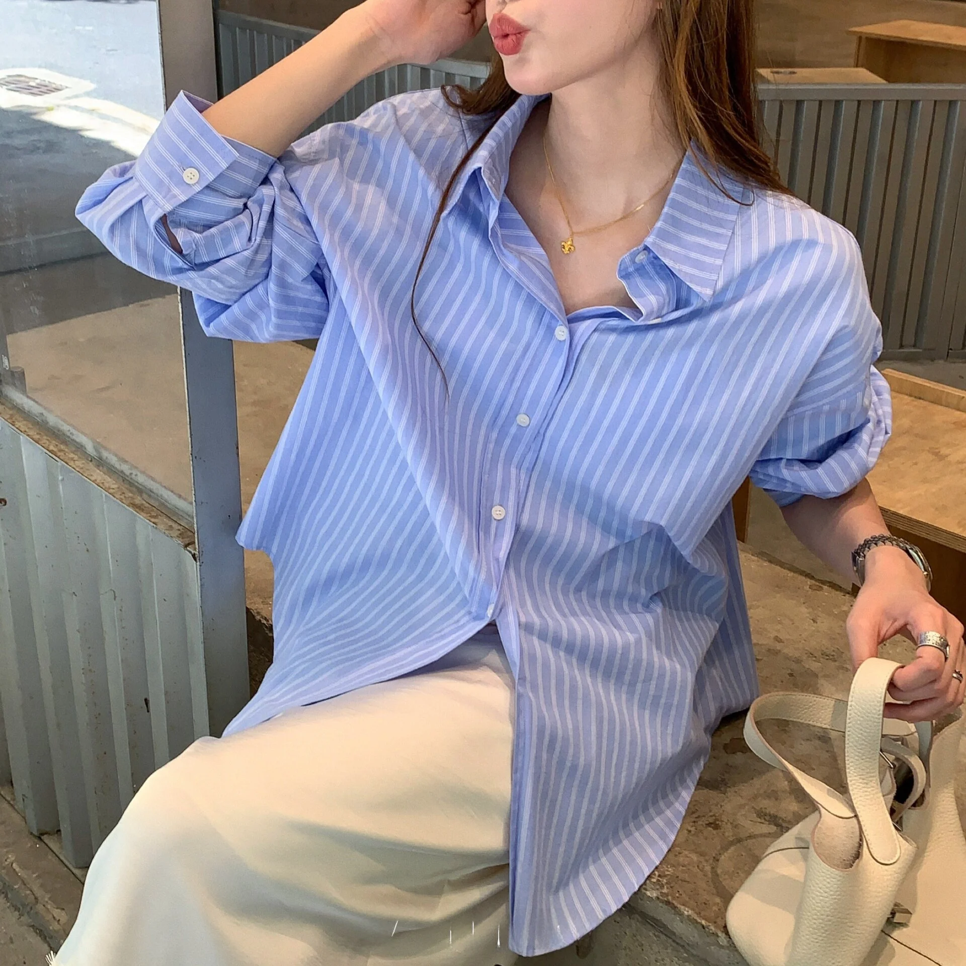Autumn New Blue Striped Long Sleeve Loose Fit Korean Style Chic Sun Protection Shirt Coat Women's Fashion Casual Striped Blouse