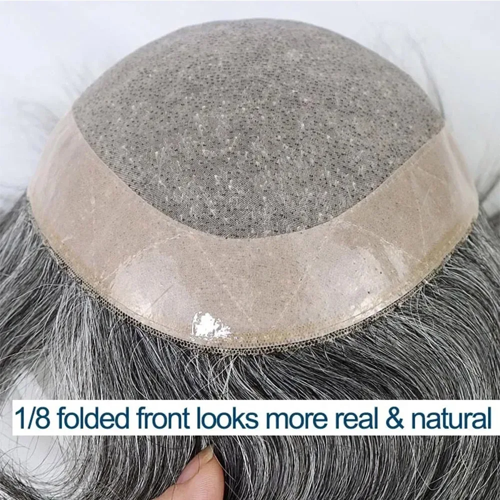 Grey Human Hair Prosthsis Breathable Mono Lace Mens Wig System Toupee for Men Hairpiece Natural Hairline Male Wig Unit