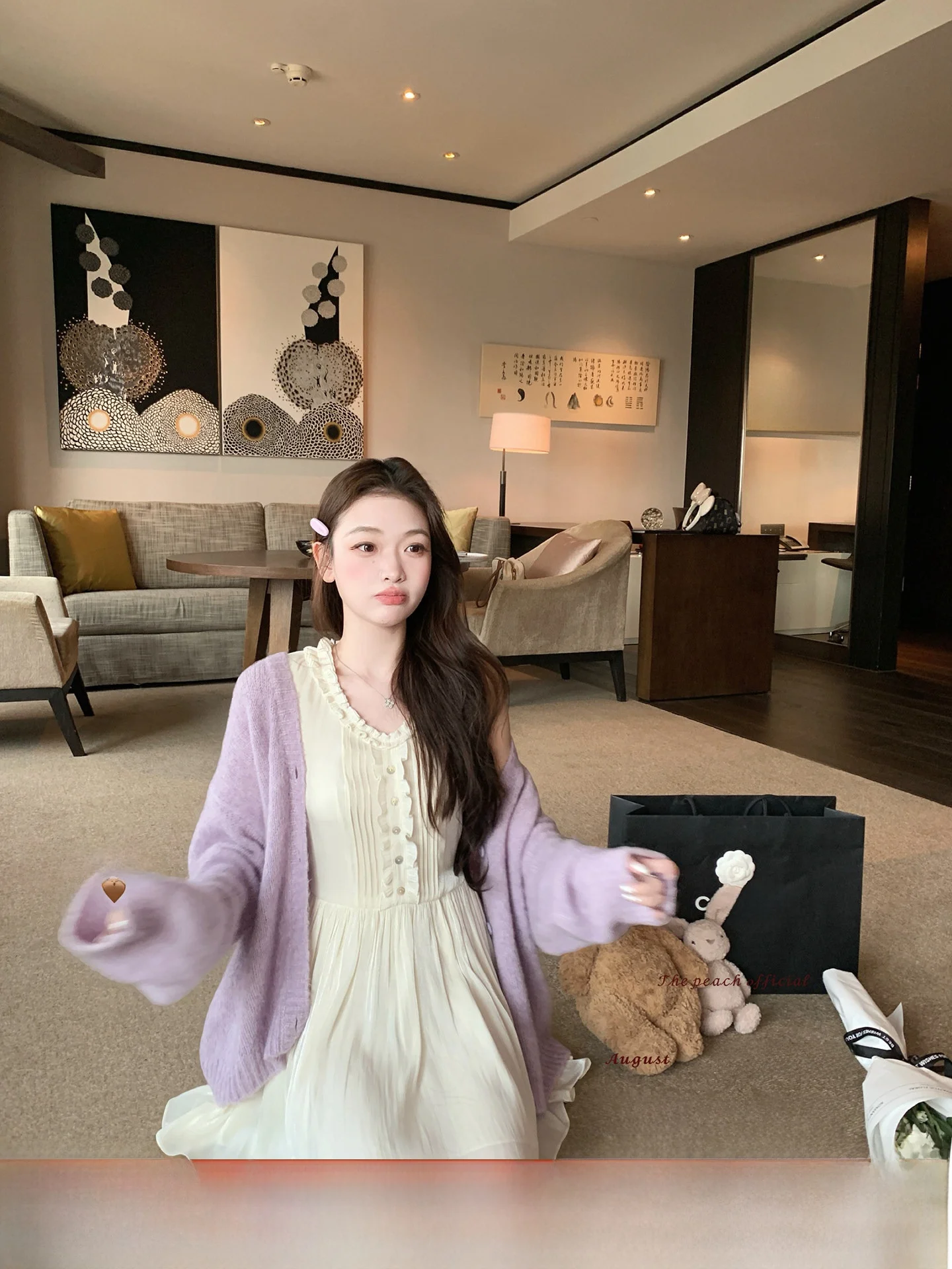 

ThePeachOfficial Alpaca Wool Knitted Sweater Vest And Skirt Set Ele Thousand Gold Sle Commute Loose Fit Long Sve V-Ne