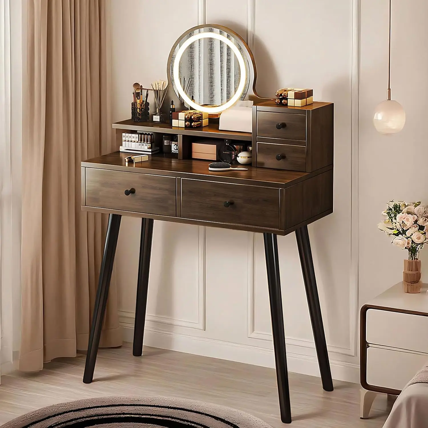 

Vanity Desk with Mirror and Lights, Charging Station Vanity Stool, 4 Drawers 3 Storage Shelves, RGB LED Lights Vanity Desk