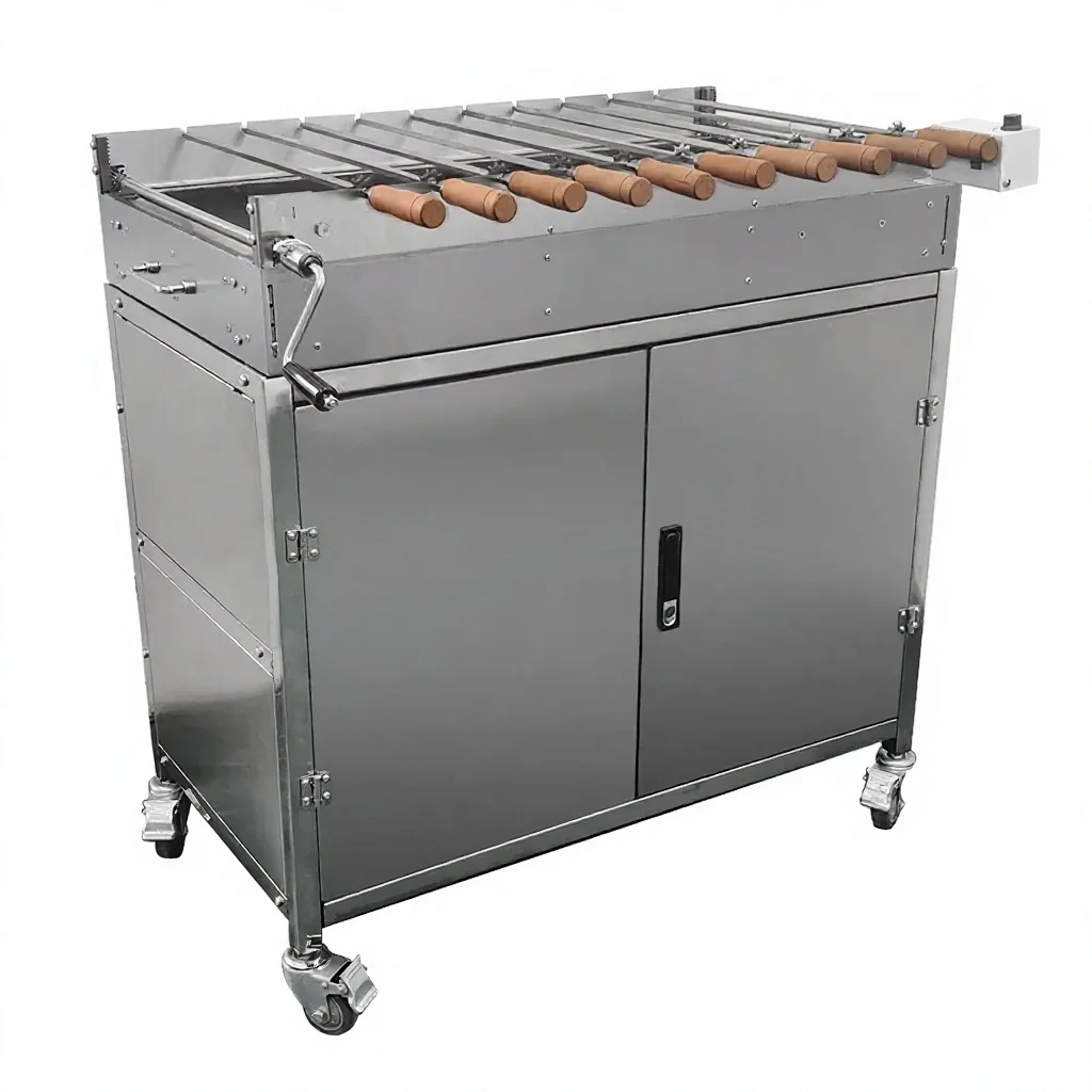 Storage Cabinet Greek Cypriot Souvla Foukou Chain Drive Rotisserie BBQ Rechargeable Battery Motor Stainless Steel Cyprus Grill