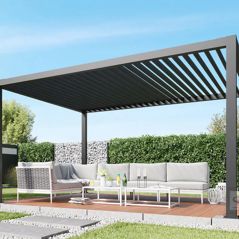 

Automatic Sun Shading Louvered Patio Roof 3x4m/10x13ft with LED Roller Blinds Gazebo Canopy in Garden Yard