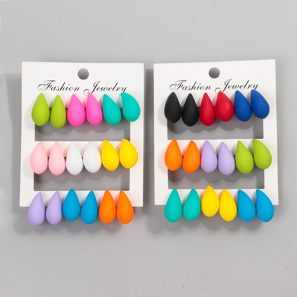 Pendientes acrílicos de gota de agua para mujer, aretes pequeños y gruesos de colores mate, joyería de moda, 9 pares por juego