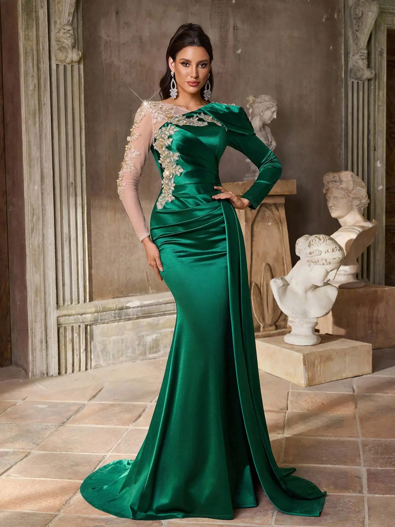 

Emerald Green Satin Fishtail Evening Dress with 3D Appliqué and Mesh Sleeves for Weddings & Formal Events