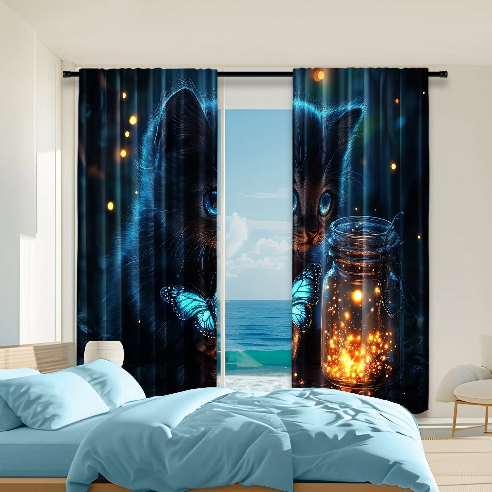 2 pcs, versatile polyester transparent curtains for home decoration Blue Butterfly & Cat for use in bedrooms and living rooms