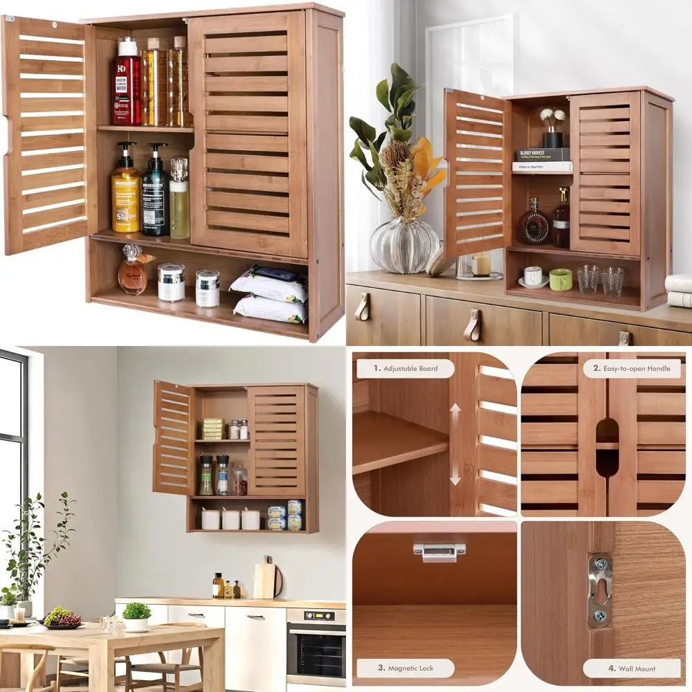 

Wall-Mounted Bamboo Storage Cabinet with 2 Doors & Adjustable Shelves, Suitable for Bathroom, Kitchen, Living Room, Dark Brown F