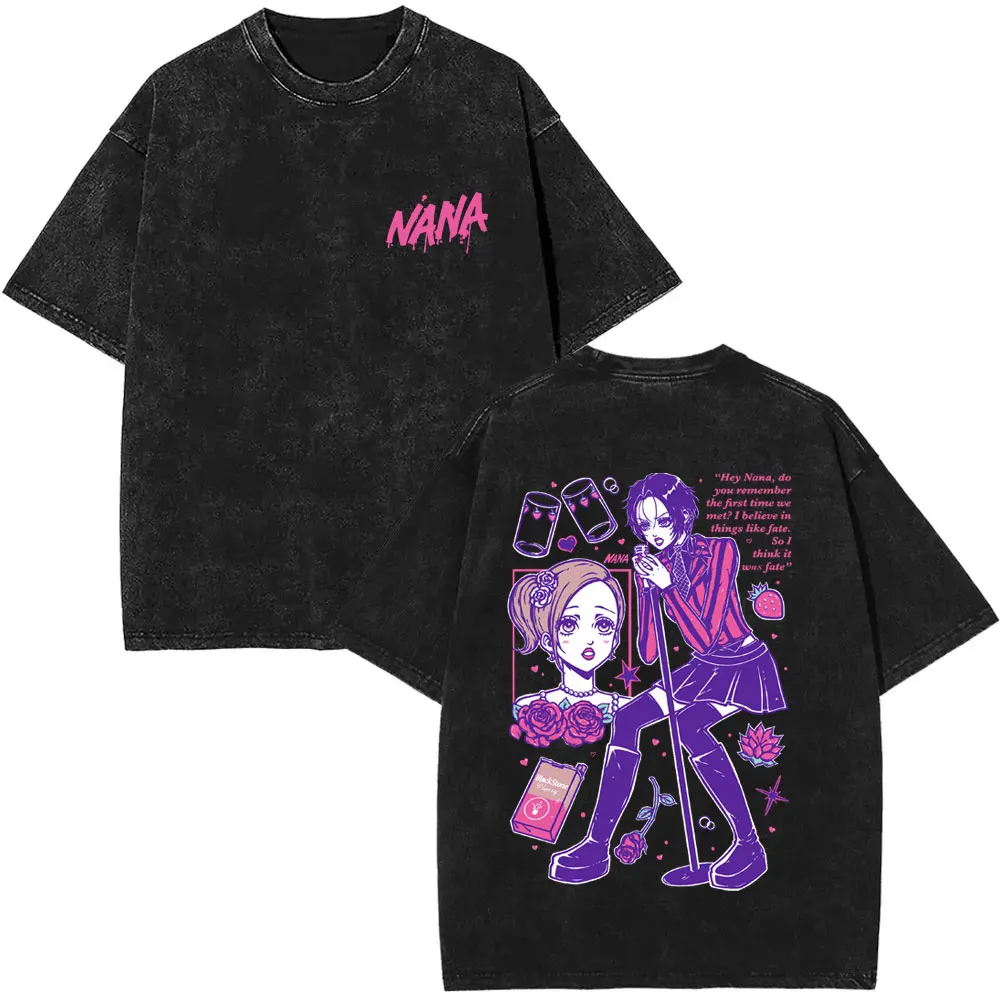 Anime Nana Osaki Vintage gewaschene T-Shirts Grunge Black Stones Y2k Streetwear Männer Frauen 90er Jahre Cartoon übergroße Kurzarm T-Shirt – Detail 34