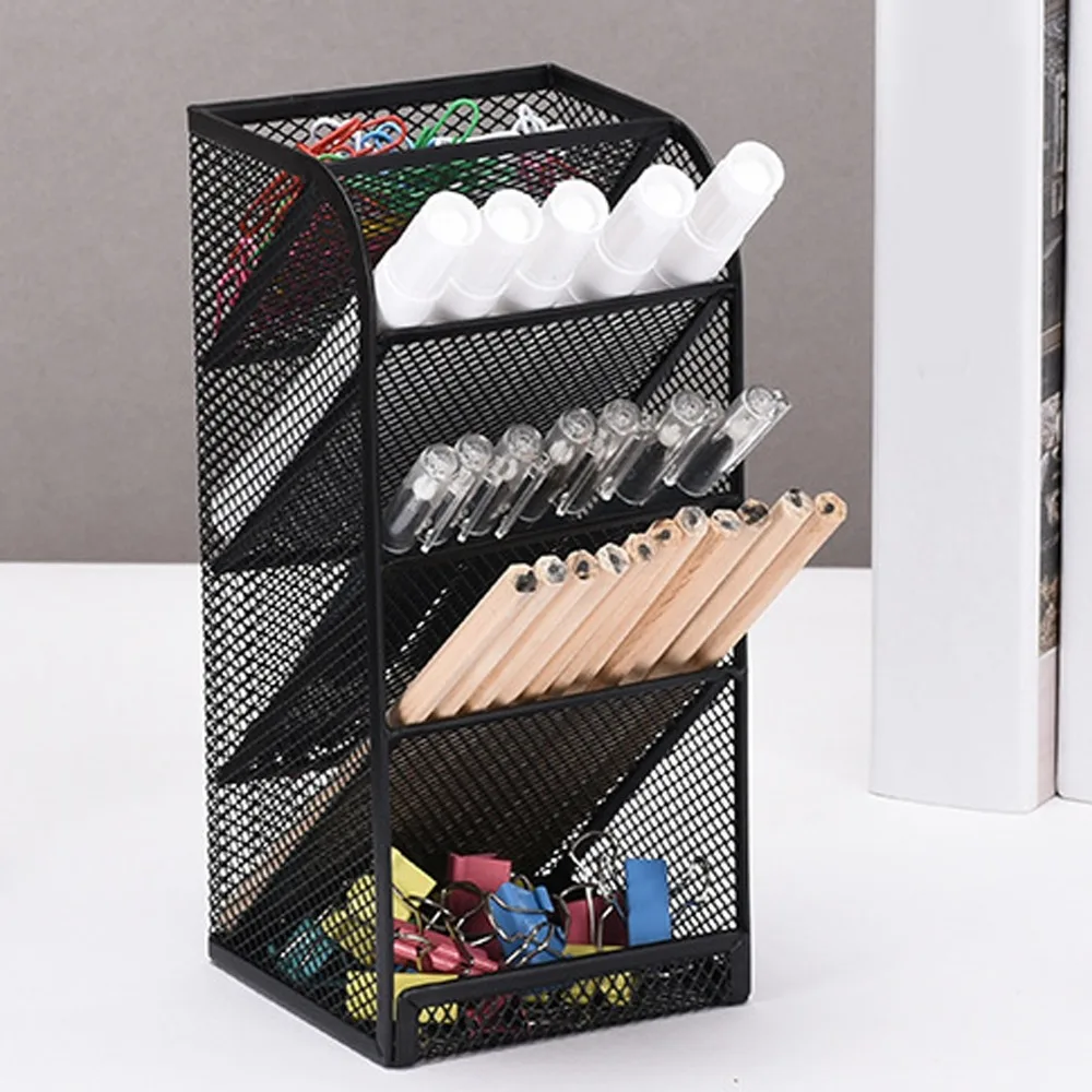 Metal Desktop Pen Holder Slant Insert Mesh Multilayer Pen Rack Compartments Black Desk Pencil Holder Desk Organization