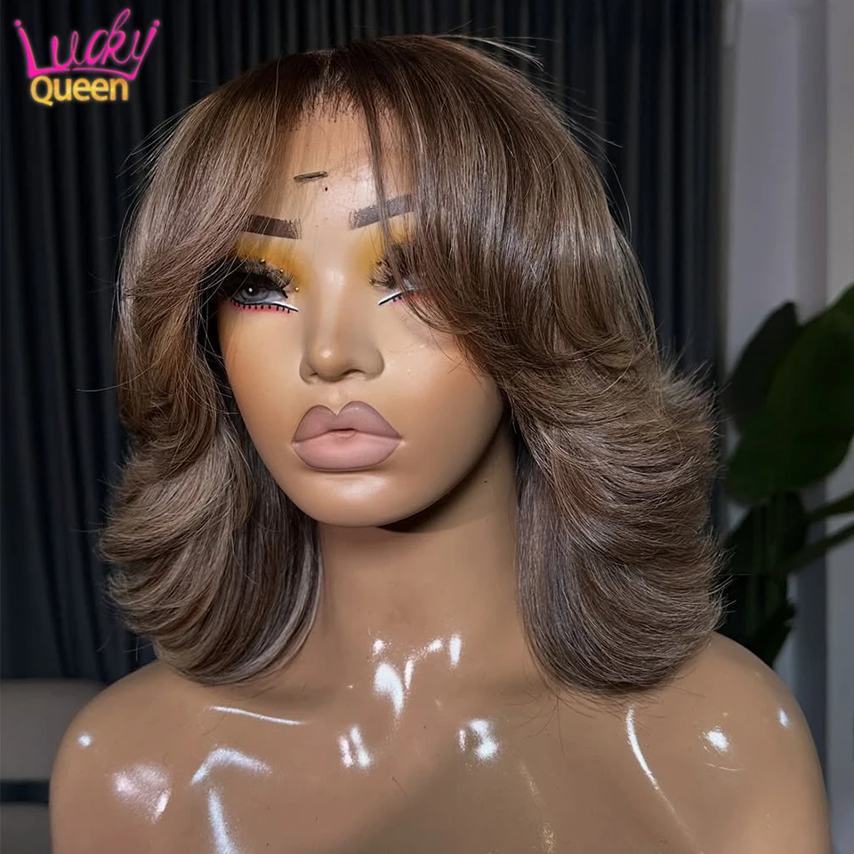 

Real Human Hair Wig Grey Brown Colored Short Bob Body Wave Hair 13x4 Lace Front Human Hair Wigs For Women Upgrade Glueless