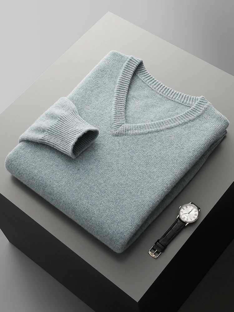 Thick Men's 100% Merino Wool Cashmere V-neck Sweater Pullover Smart Casual Basic Long Sleeve Knitwear Clothes Tops Autumn Winter