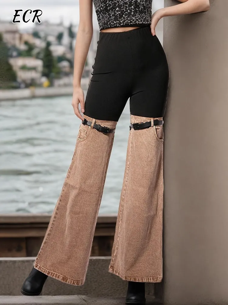 ECR Colorblock Casual Pathchwork Denim Pants For Women High Waist Spliced Belt Loose Chic Wide Leg Trousers Female Fashion New