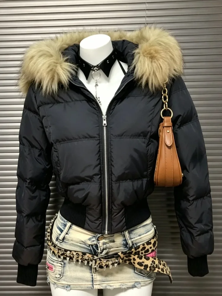 Y2K Japanese Streetwear Women Winter Short Parka Faux Fur Trim Hood Zip‑Up Long Sleeve Cropped Puffer Outerwear Jacket Fashion