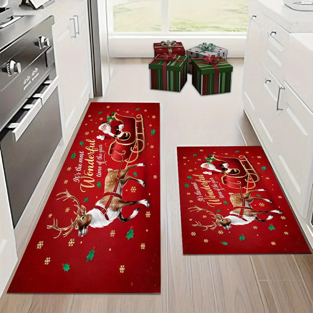 Christmas Reindeer Sleigh Runner Rug Living Room Holiday Home Decor Bedroom Kitchen Hallway Floor Mat Laundry Doormat Patio