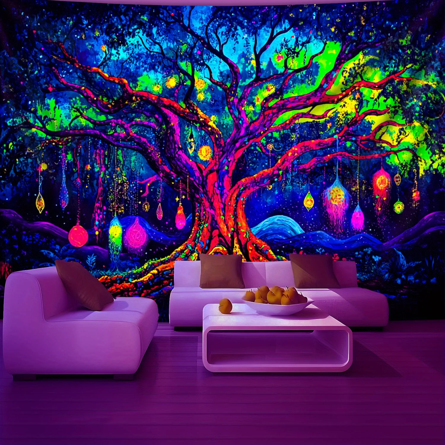 VIKAMA Verzauberter leuchtender Baum-Wandteppich, roter Baum mit bunten Sternen und Stardust, Wohnzimmer-Funktion, Wanddekoration, Raumakzent
