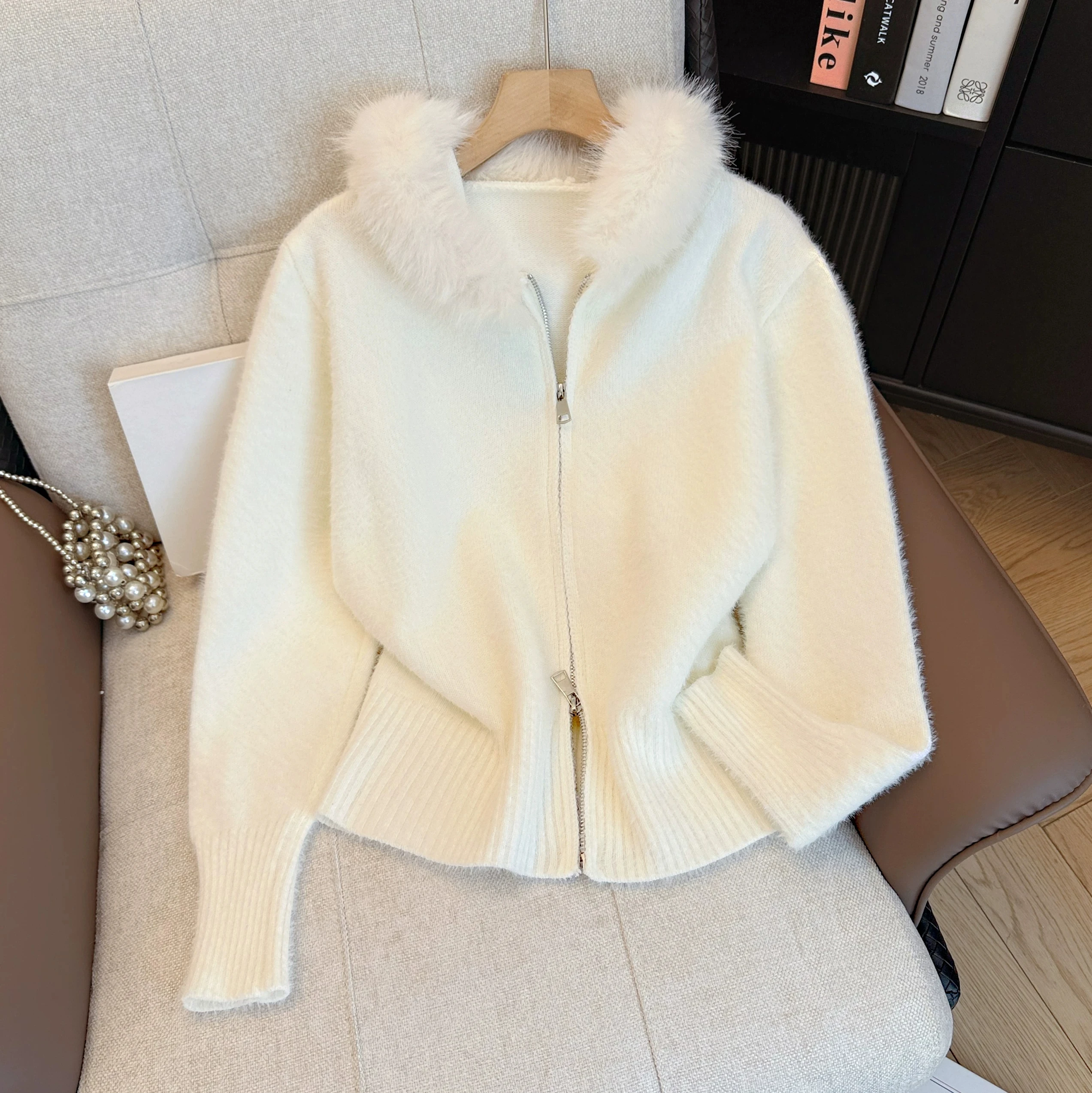 Autumn Korean Faux Fur Collar Knit Cardigan Jacket Women White Short Sweater Coat Hooded Long Sleeve Ladies Knitwear Pull Femme