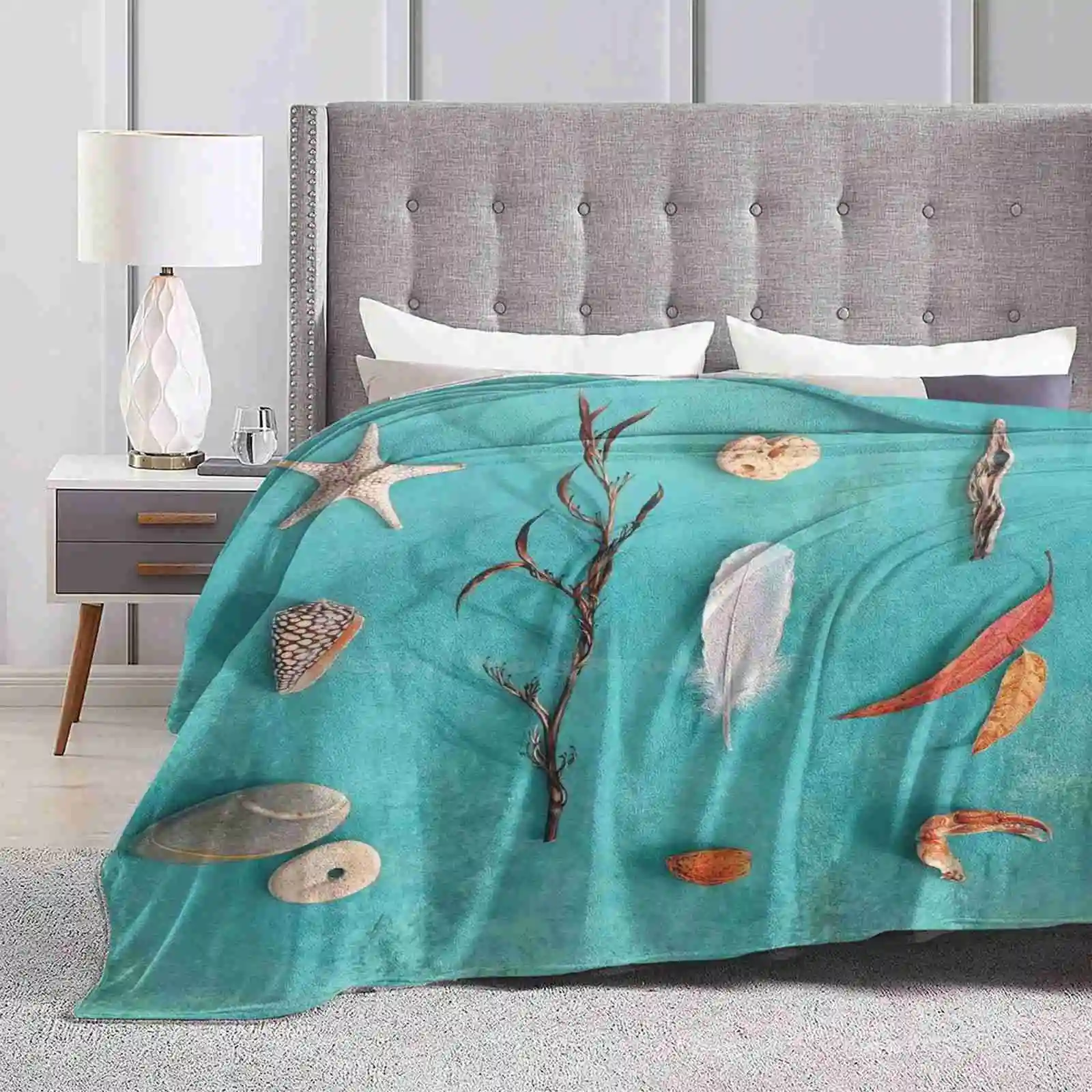 Sea , Land & Sky New Arrival Fashion Leisure Warm Flannel Blanket Stones Pebbles Shells Driftwood Leaf Feather Nature Still