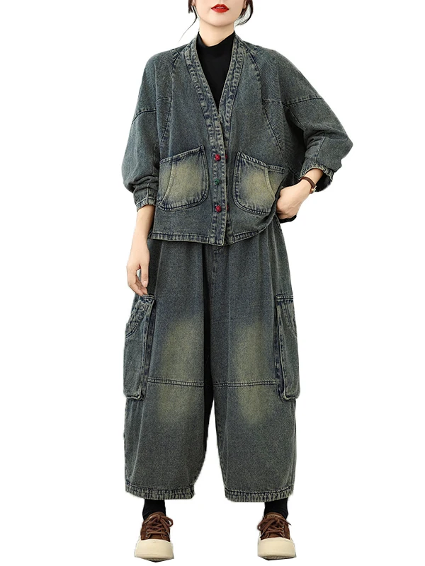 Conjunto Faion feminino de última geração vintage com botões jeans casual kets solto pessoal outono desgaste confortável ort Sve V-...