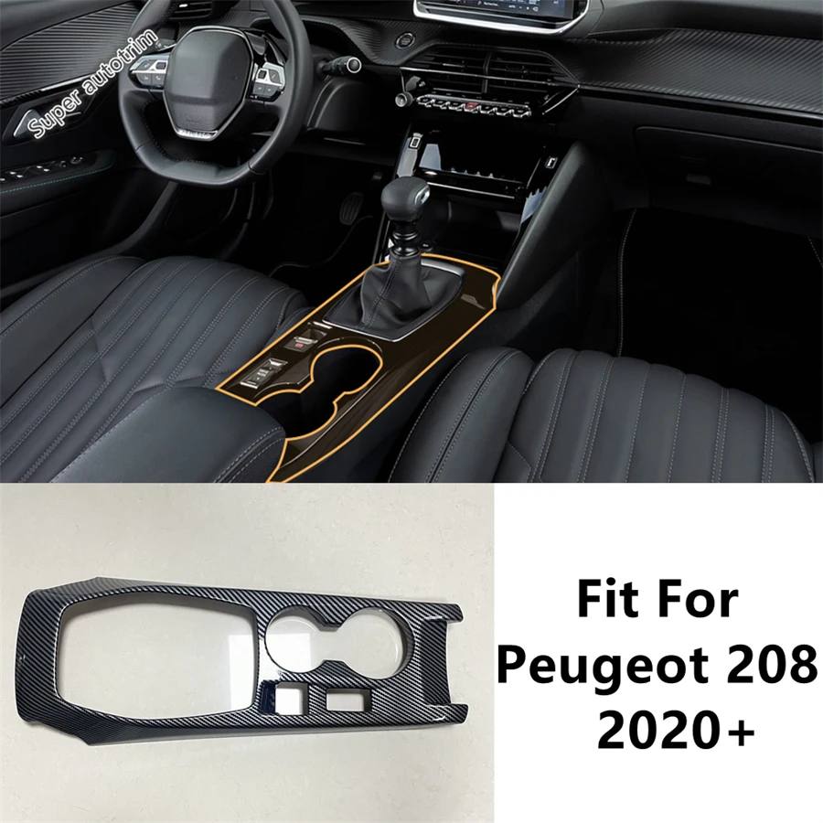 

For Peugeot 208 2020 - 2025 Carbon Fiber Center Control Gear Shift Panel Water Cup Frame Cover Trim Sticker Accessories Interior