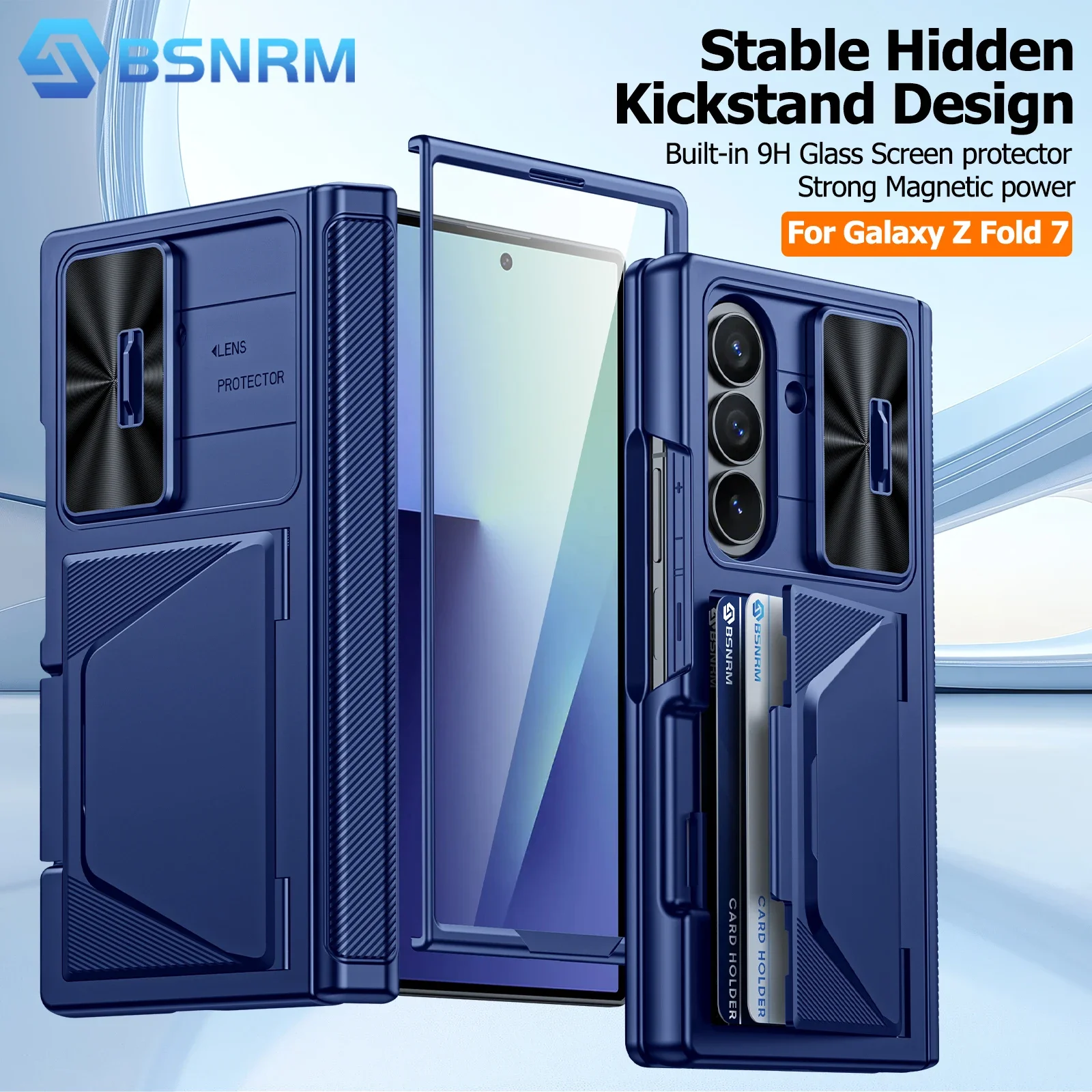 

Чехол-кошелек для Galaxy Z Fold 7, держатель RFID-карты, встроенная защита HD, чехол для камеры с раздвижной стороны, противоударный силиконовый чехол для телефона-синий