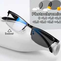 Anti-blue Light Photochromic Far Sight Glasses Business Metal Half Frame Reading Glasses Men High-definition Presbyopia Glasses