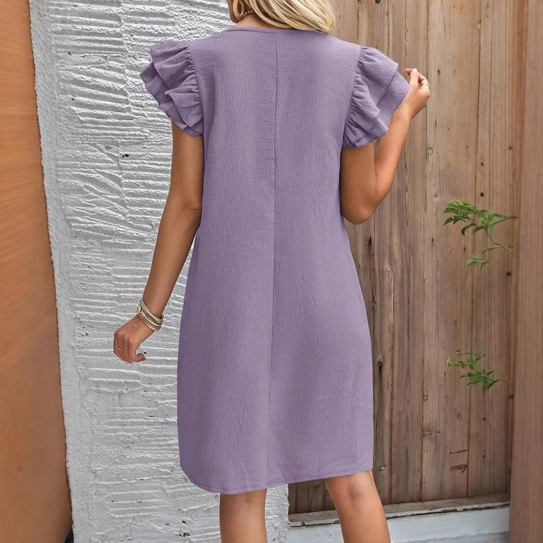 Summer Elegant purple straight Dresses Women Sexy Pleated Beach Sundress Dress Ruffle Sleeve Sweetheart Bohemia Dress Mini Dress