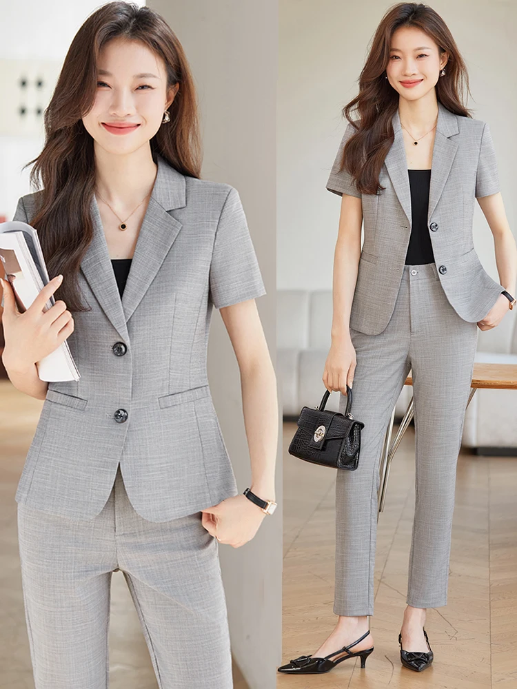 

Серый профессиональный костюм-двойка для женщин: летний деловой комплект с коротким рукавом, пиджак для работы, униформа для персонала ресепшн и отелей