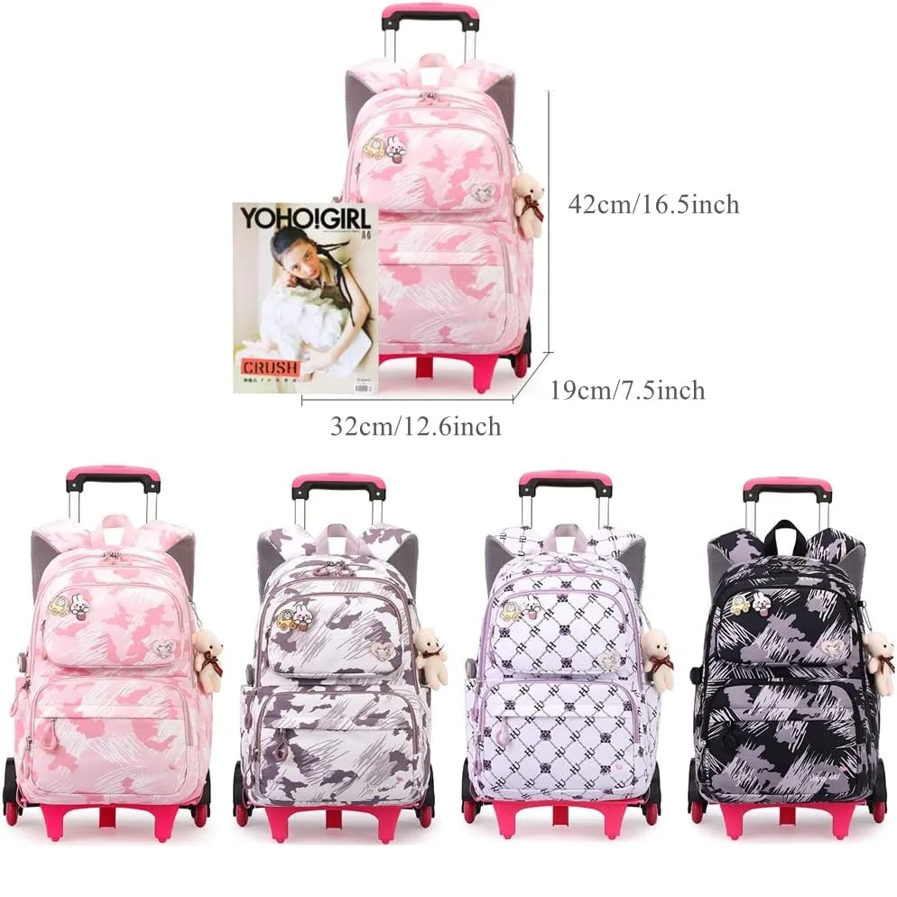 Students Backpack for Girls Children School Bag with Wheels Trolley Backpack Cute Schoolbag Rolling Wheeled Backpack Book Bags