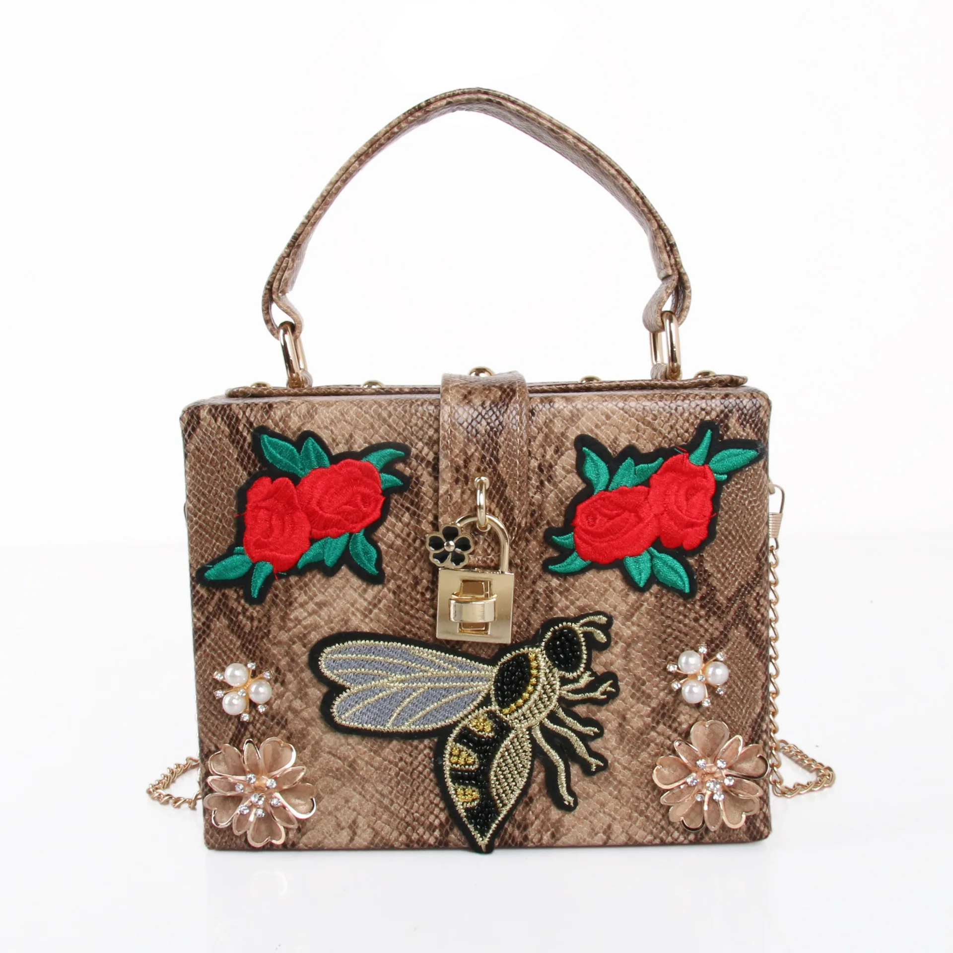 19.5x15CM Snake Print Diamond Metal Flower Women Style Bee Embroidery Handbag Shoulder Bags Women Messenger A7850