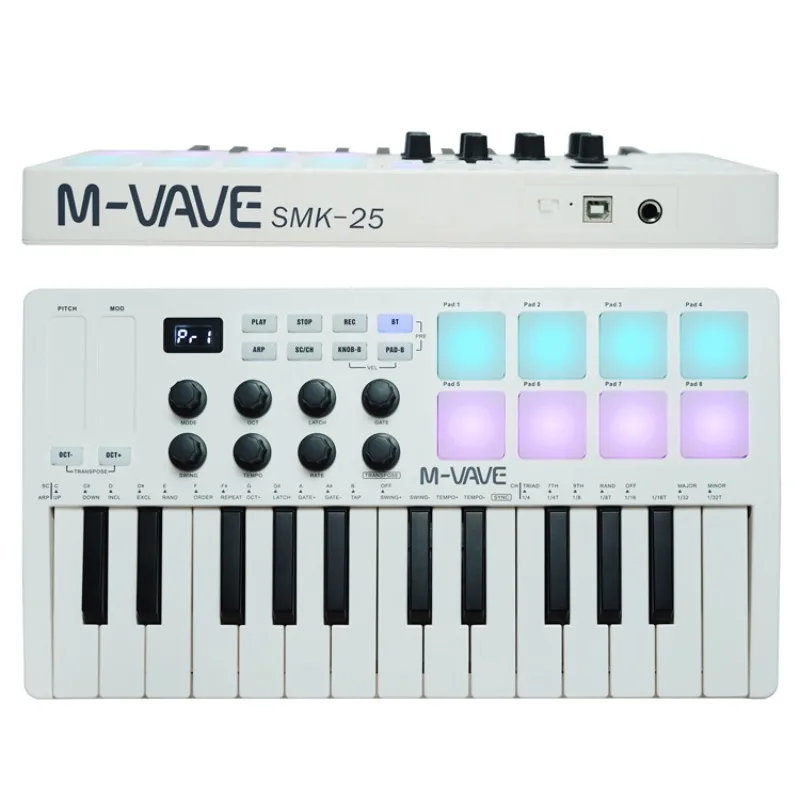 

M-VAVE All-in-One 25-Key USB MIDI Keyboard 8 Backlit Drum Pads 8 Knobs 8 RGB Trigger Controller Music Keyboard Instrument