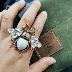 Vintage Statement Crystal Pearl Bees Rings for Women Adjustable Finger Female Jewelry