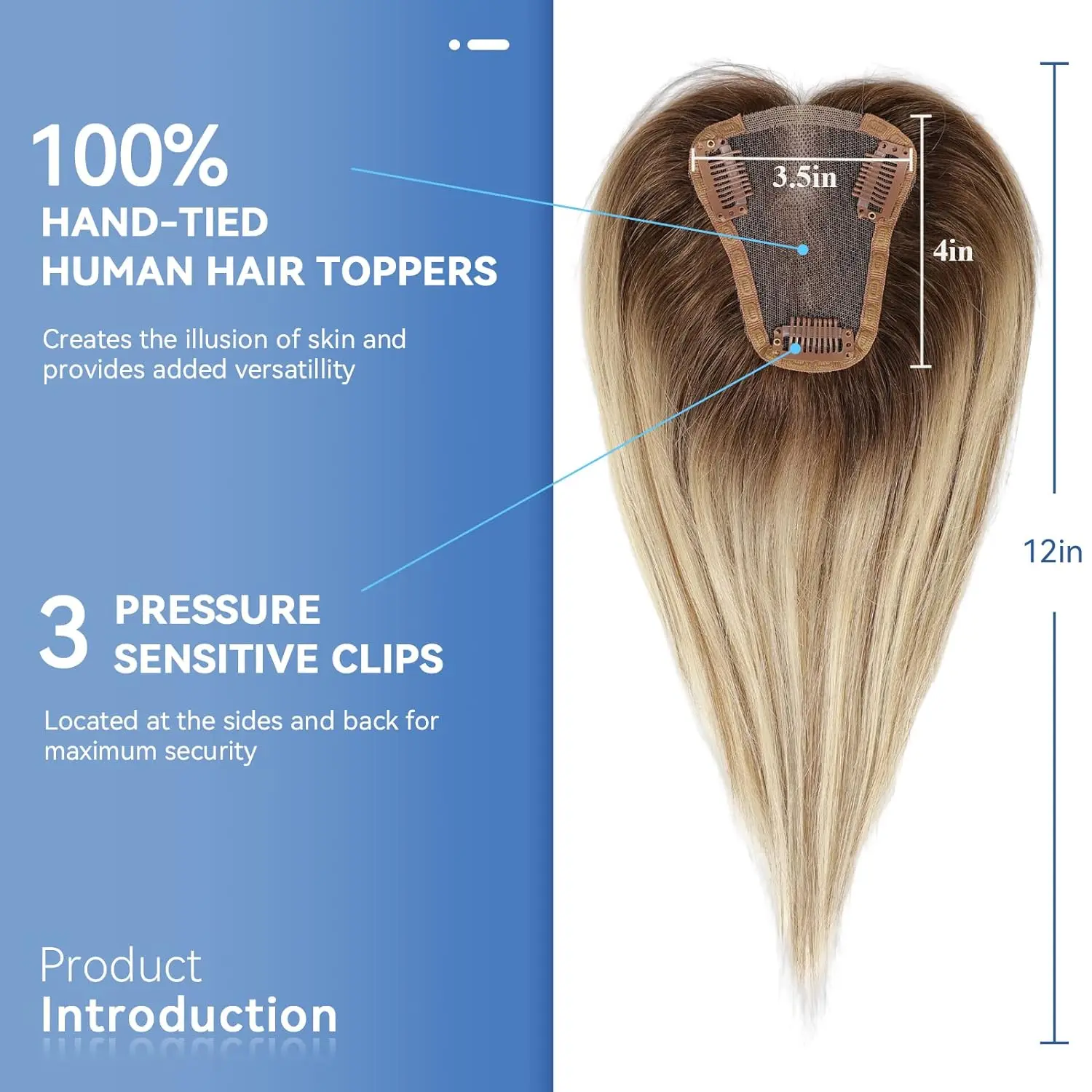 Clip In Human Hair Topper for Women Hand Tied Natural Part Crown Hairpiece Brown Root Blonde Highlight 12 Inch