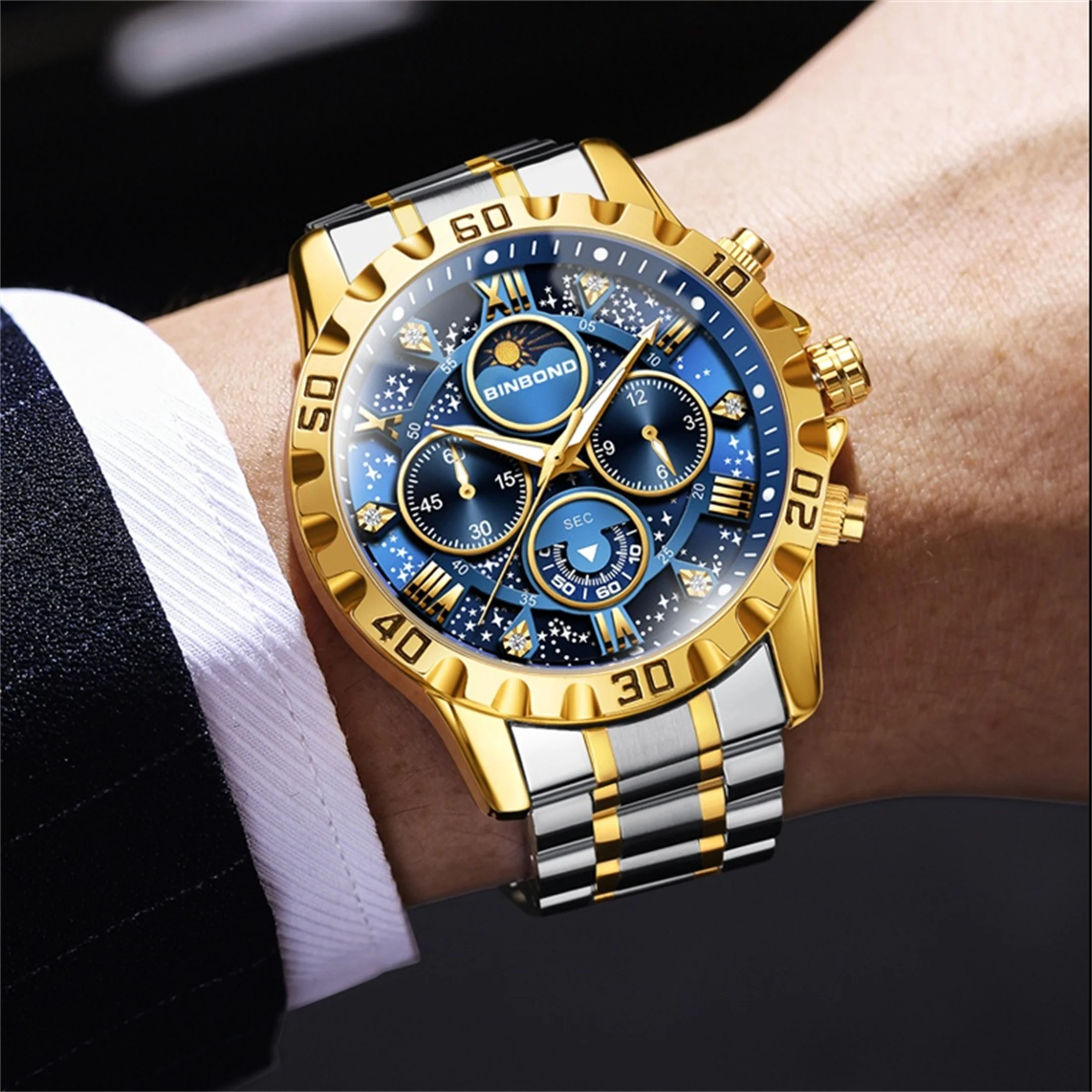 Chronograph Watch Fashion Men\'s Watch 30M Waterproof Calendar Date Function Rhinestone Dial Stainless Steel Quartz Watch Gift