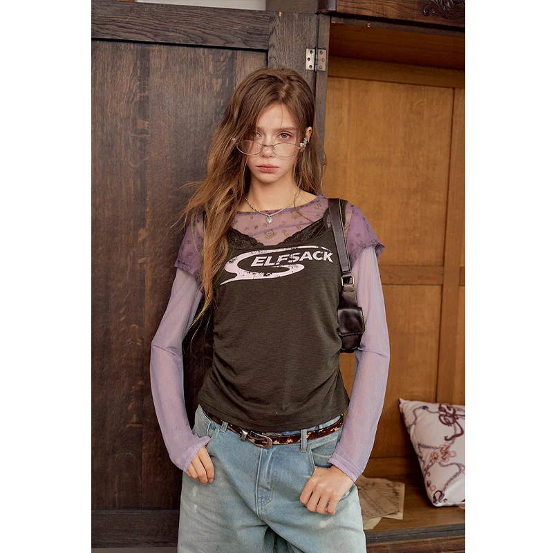 ELFSACK Women's 2 In 1 Graphic Tee with Lace Trim, Long Sleeve Mesh Patchwork Casual Top for Daily Wear