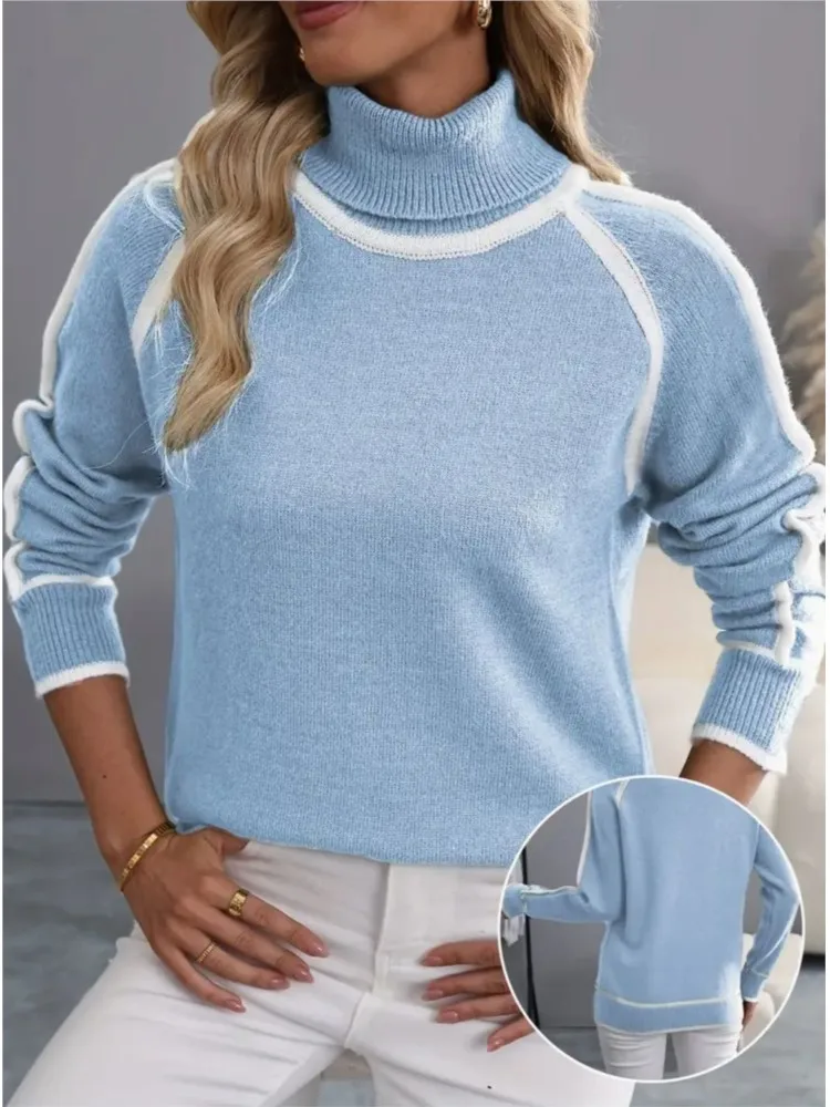 Autumn Winter Ladies Leisure Turtleneck Sweater Fashion Color Matching Long Sleeves Loose Knitting Pullover Female Warm Sweaters