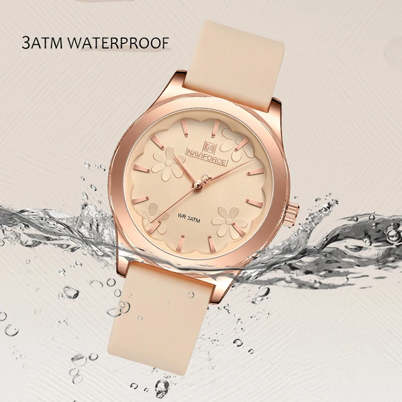 NAVIFORCE Fashionable Brand Waterproof Quartz Wristwatch for Women Soft Silicon Strap Ladies Watch with Elegant Flower Dial 5051