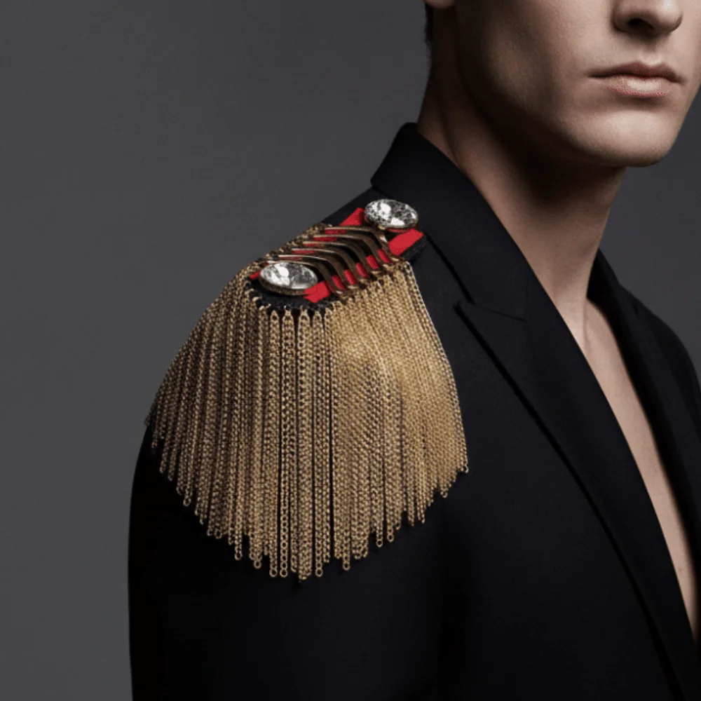 Metallic Fringe Epaulet Brooch Embroidered Shiny Shoulder Tassel Badge Durable Gothic Metal Chain Pin Performers