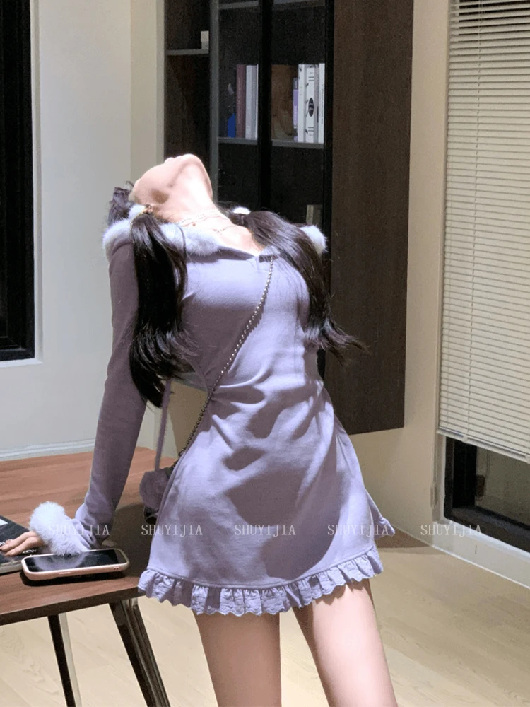 Lolita Girl orlo in pizzo pelliccia con cappuccio viola una linea mini abito da donna di grandi dimensioni nuova primavera autunno manica lunga moda abito corto sottile