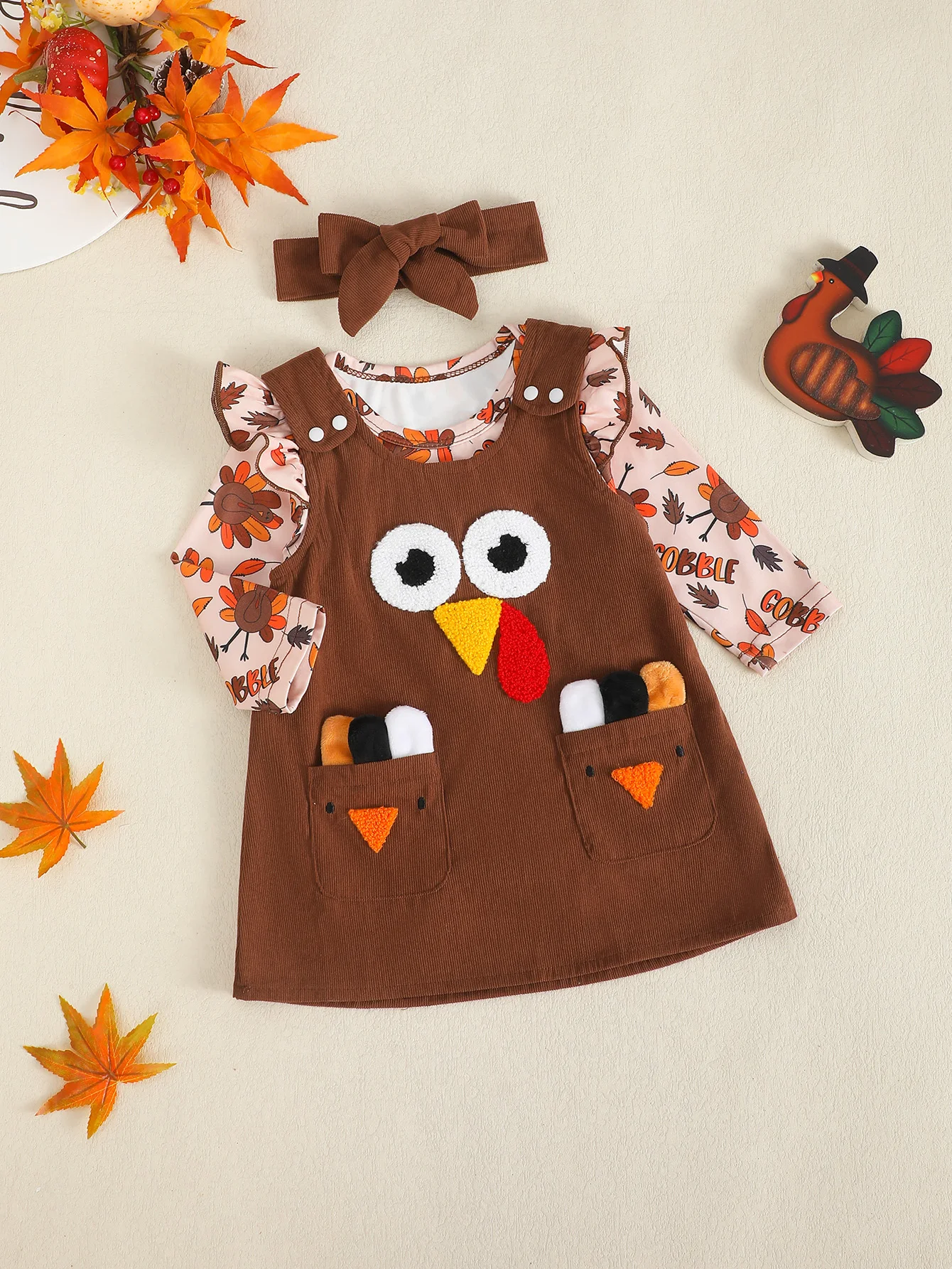 Baby Girl Thanksgiving Turkey Pattern Dress Set with Headband Spring Autumn Collection Infant Clothing Accessories