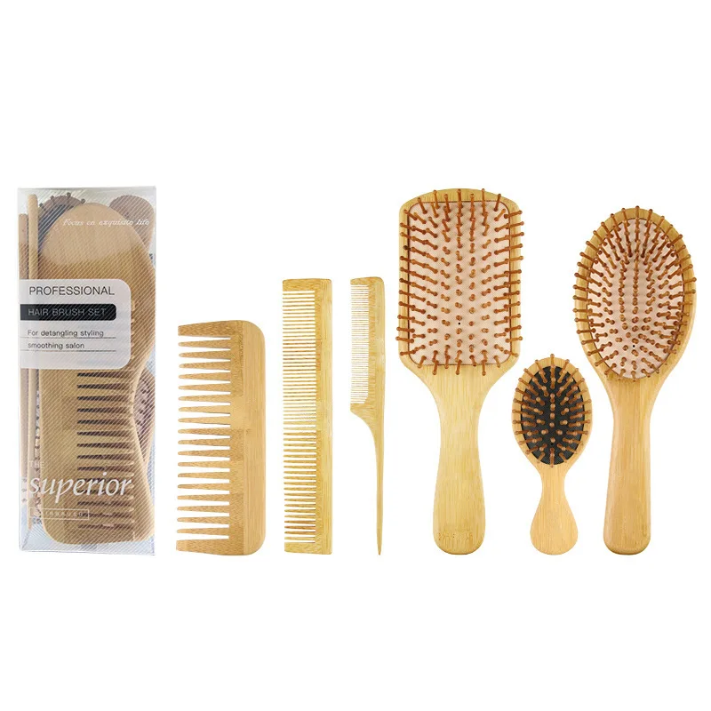 6 Pcs/Set Hair Brush Set Natural Bamboo Comb Detangling Hairbrush Wide-tooth & Tail Comb Thick/Thin/Curly/Dry Hair Comb Gift Kit