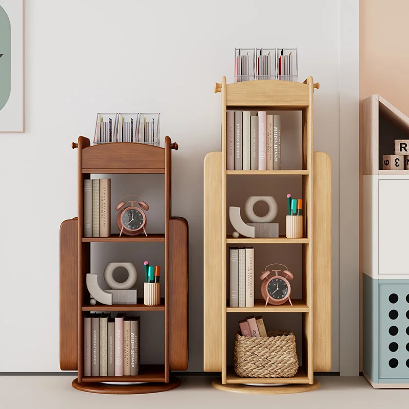 All solid wood children's rotating bookshelf floor-to-ceiling 360-degree student multi-layer picture book rack baby living room