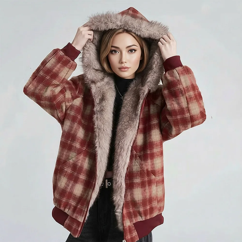 New Women Plus Velvet Liner Plaid Jacket Autumn Winter Fashion Hooded Loose Waist Casual Daily Coat Simplicity Thick Warm Coat