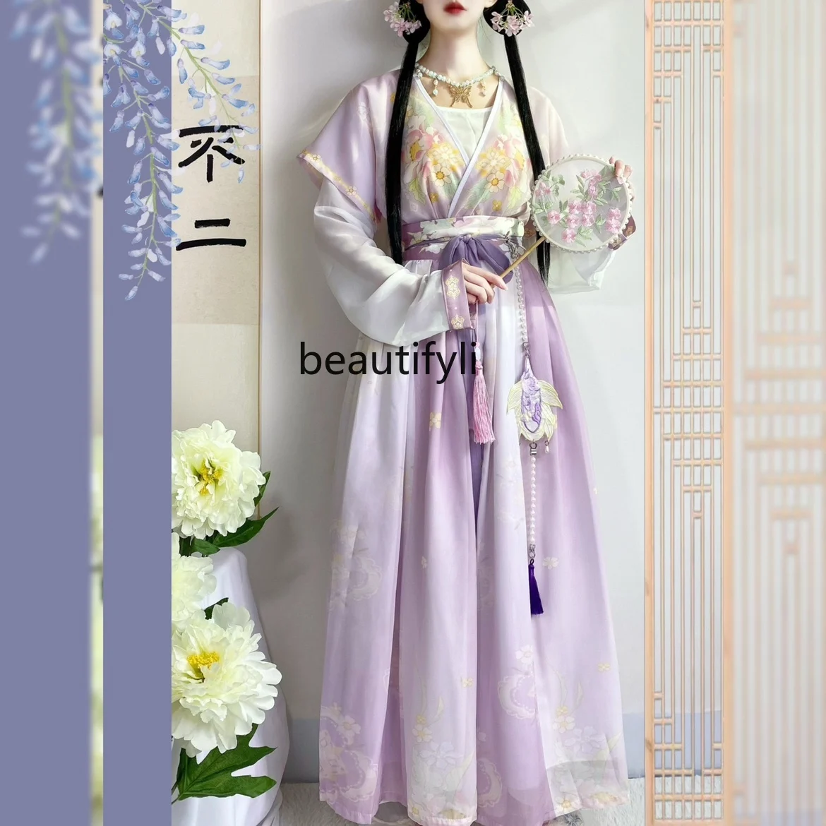 Women's Han Chinese Clothing Tang Style Beizi Waist Pleated Skirt Cabbage Full Set Chinese Style Ancient Costume Summer Style