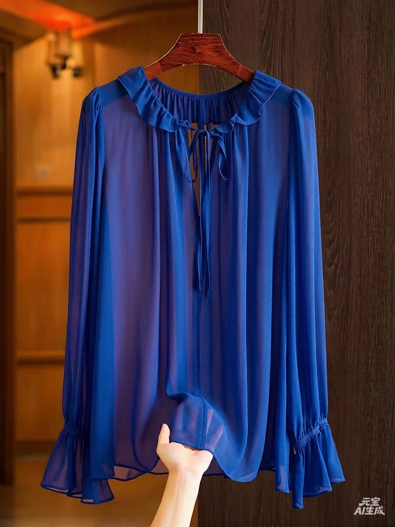 Spring Summer Ladies Lightweight Chiffon Long Sleeve Shirt plus Size Lace-Up See-Through Black Blouse Sexy 5XL Chiffon Top